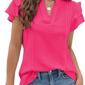 Womens Dressy Casual Tops Ruffle Short Sleeve V Neck Shirts Elegant Business Wor